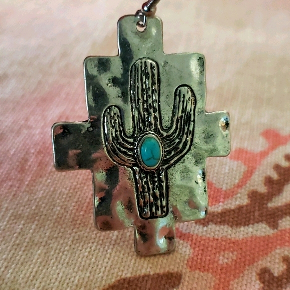 Turquoise Cactus Earrings. Silver. Western Boho - Picture 4 of 8